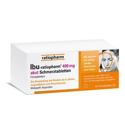 Ibu-ratiopharm® 400 mg akut pain relief tablets containing the active ingredient ibuprofen for the effective treatment of acute pain.